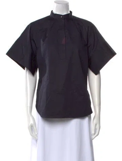 Pre-owned Tibi Mock Neck Short Sleeve Button-up Top In Blue