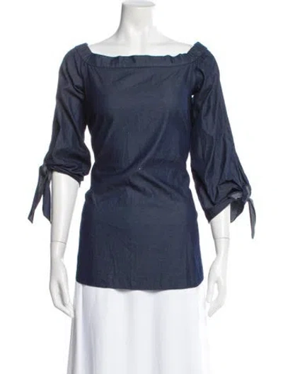 Pre-owned Tibi Off-the-shoulder Three-quarter Sleeve Blouse In Blue