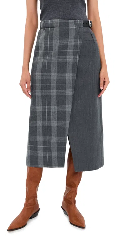 Tibi Papery Wool Plaid Double Apron Skirt Grey Multi