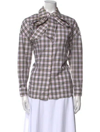 Pre-owned Tibi Plaid Print Long Sleeve Button-up Top In White