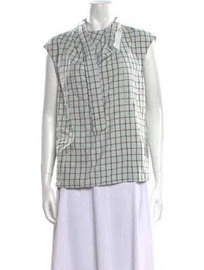 Pre-owned Tibi Plaid Print Mock Neck Button-up Top In Blue