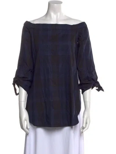 Pre-owned Tibi Plaid Print Off-the-shoulder Blouse In Blue