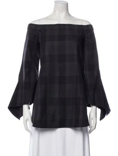 Pre-owned Tibi Plaid Print Off-the-shoulder Blouse In Gray