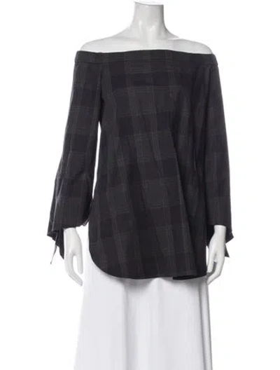 Pre-owned Tibi Plaid Print Off-the-shoulder Blouse In Gray