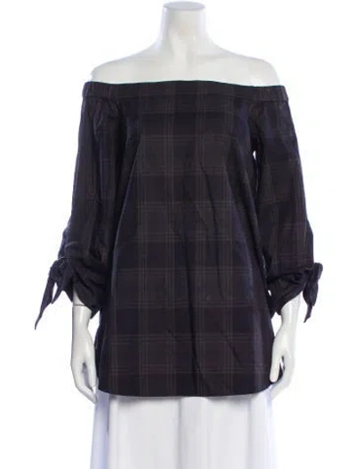 Pre-owned Tibi Plaid Print Off-the-shoulder Blouse In Green