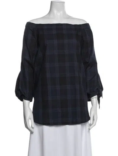 Pre-owned Tibi Plaid Print Off-the-shoulder Top In Blue