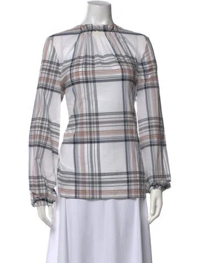 Pre-owned Tibi Plaid Print Tie Neck Blouse In White