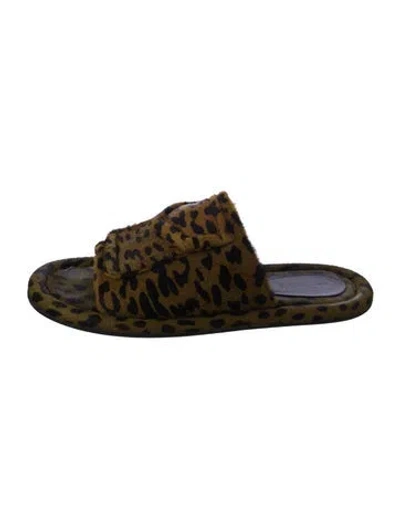 Pre-owned Tibi Ponyhair Animal Print Slides In Green