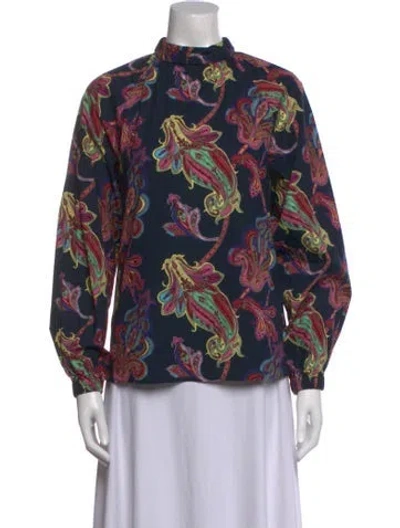 Pre-owned Tibi Printed Mock Neck Blouse In Blue