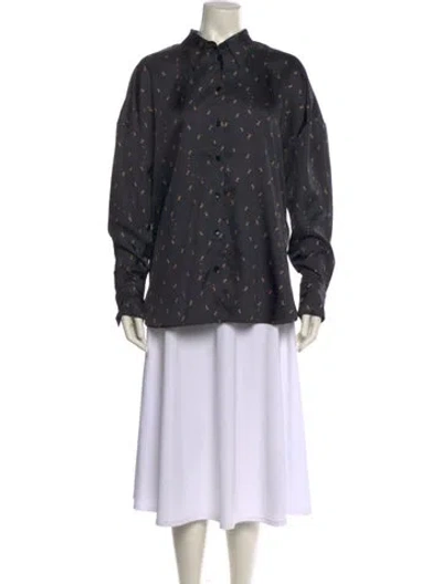 Pre-owned Tibi Printed Mock Neck Button-up Top In Black