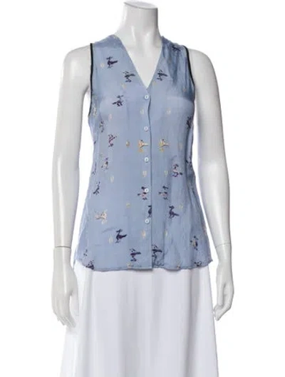 Pre-owned Tibi Printed V-neck Blouse In Blue
