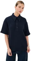 Tibi Quilted Waffle Polo Tunic Top Navy In Navy