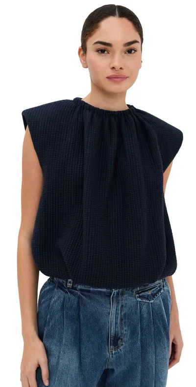 Tibi Quilted Waffle Shirred Neck Top Dark Navy