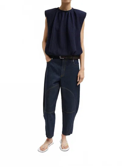 Tibi Quilted Waffle Shirred Neck Top In Dark Navy In Blue