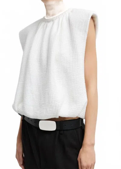 Tibi Quilted Waffle Shirred Neck Top In White