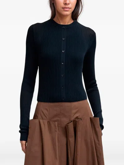 Tibi Ribbed-knit Cardigan In Blue