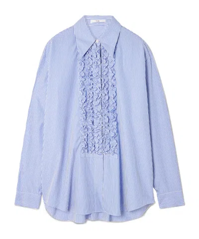 Tibi Ruffled Pinstriped Cotton-poplin Shirt In Blue