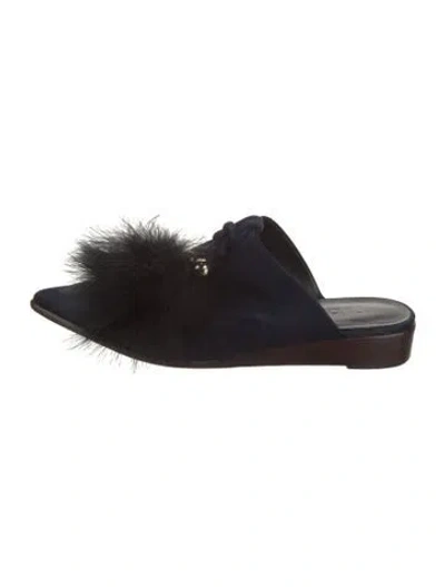Pre-owned Tibi Satin Feather Trim Mules In Black/blue