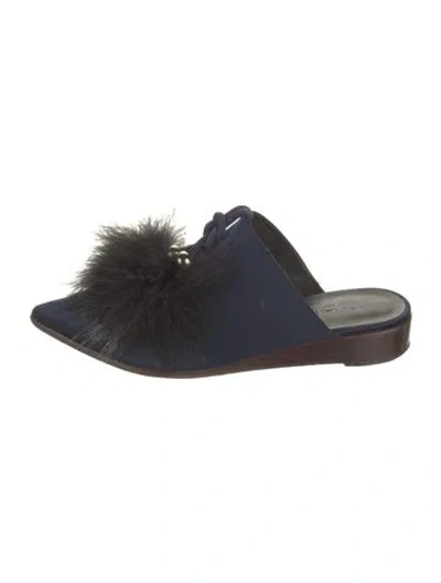 Pre-owned Tibi Satin Feather Trim Mules In Blue