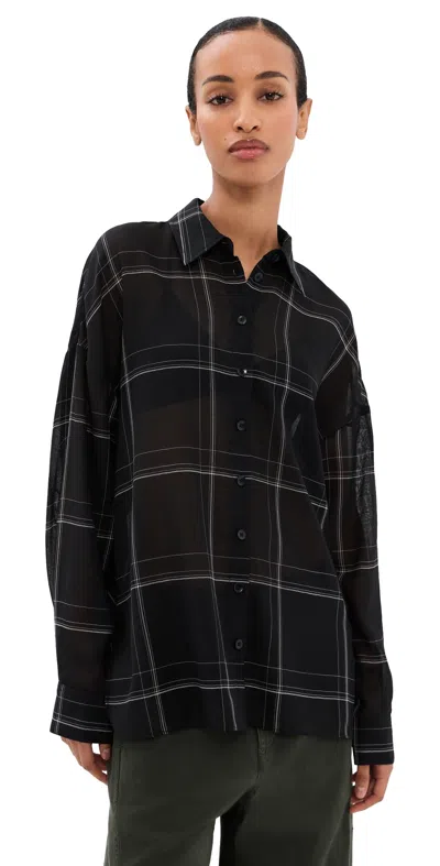 Tibi Sheer Wool Gauze Oversized Check Shirt Black Multi
