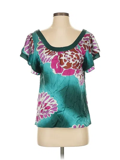 Pre-owned Tibi Short Sleeve Silk Top Teal Scoop Neck Tops In Blue