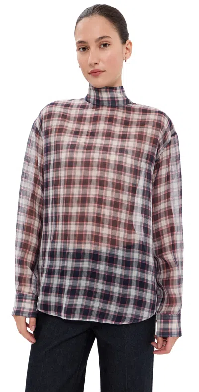 Tibi Silk Cotton Plaid Funnel Neck Shirt Black/red Multi