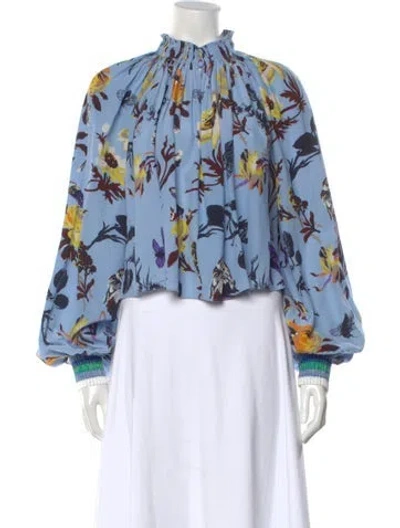 Pre-owned Tibi Silk Floral Print Blouse In Blue