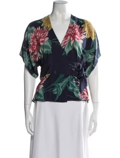 Pre-owned Tibi Silk Floral Print Blouse In Blue
