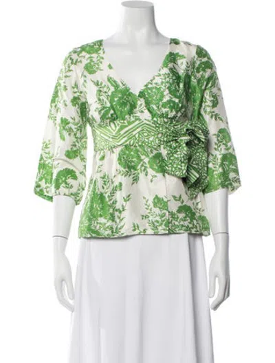 Pre-owned Tibi Silk Floral Print Blouse In Green