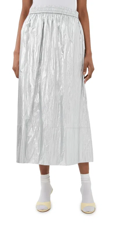 Tibi Silver Metallic Nylon Pull On Full Skirt Silver