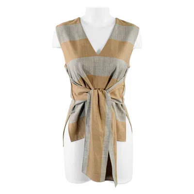 Pre-owned Tibi Size 2 Grey Tan Polyester Blend Stripe V-neck Tie Casual Top In Gray
