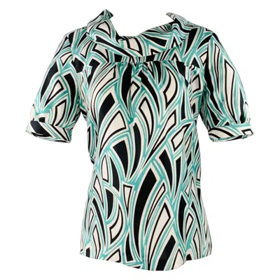 Pre-owned Tibi Size 6 Green Black White Silk Abstract Cowl Neck Dress Top
