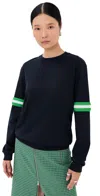 Tibi Sport Knit Crewneck T With Crochet Trim Navy In Black