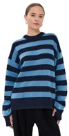 Tibi Stripe Cashmere Crewneck Easy Pullover Navy Multi In Multi