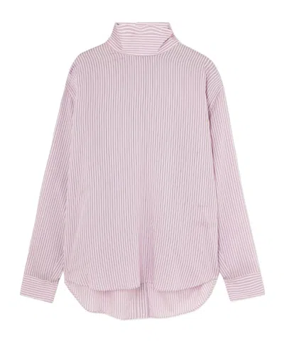 Tibi Striped Lyocell And Silk-blend Turtleneck Blouse In Pink
