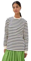 Tibi Striped Perfect Tee Crew Neck Navy Multi In Navy Multi