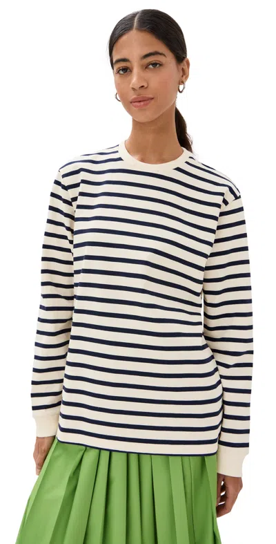 Tibi Striped Perfect Tee Crew Neck Navy Multi