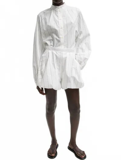 Tibi Striped Tech Poplin Raglan Tucked Shirt In Ivory/white