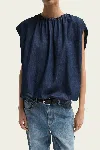 Tibi Summer Denim Indigo Shirred Neck Circular Top In Indigo
