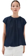 Tibi Summer Denim Shirred Neck Circular Top Indigo