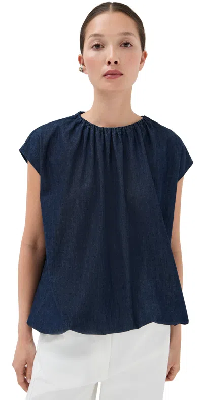 Tibi Summer Denim Shirred Neck Circular Top Indigo