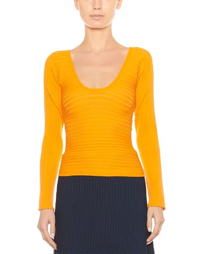 Tibi Tech Ribbed Decollette Wrap Pullover In Orange