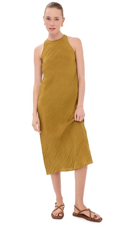 Tibi The Crinkle Slip Midi Bias Dress Mustard In Gold