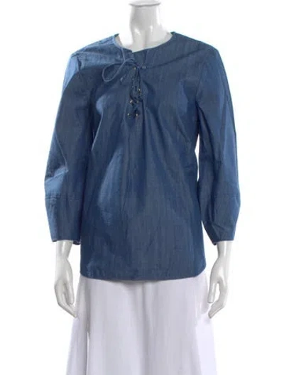 Pre-owned Tibi Tie Neck Three-quarter Sleeve Blouse In Blue