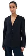 Tibi Tropical Wool Collarless Blazer Navy In Navy