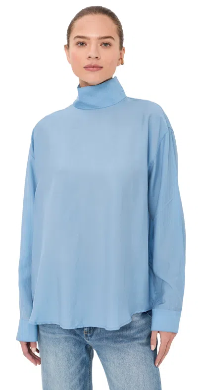 Tibi Ultra Light Silk Tencel Funnel Neck Shirt Blue