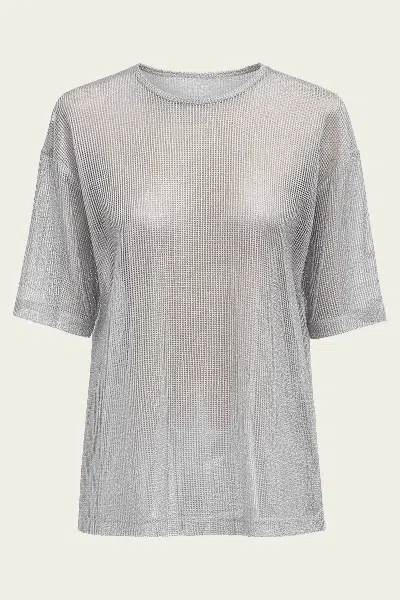 Tibi Viscose Metallic Mesh Easy T-shirt In Silver In Gray