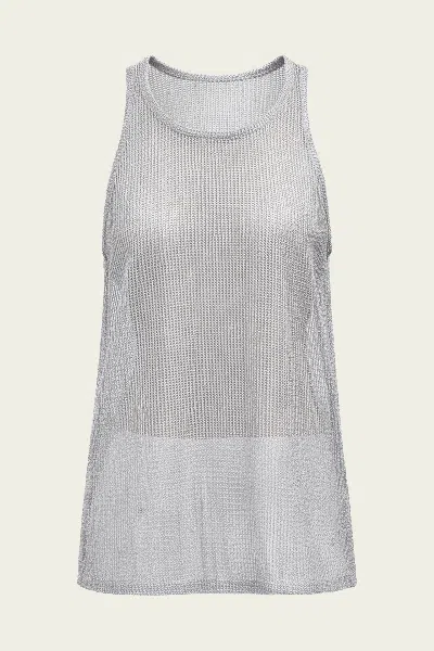 Tibi Viscose Metallic Ribbed Tank In Silver In Gray