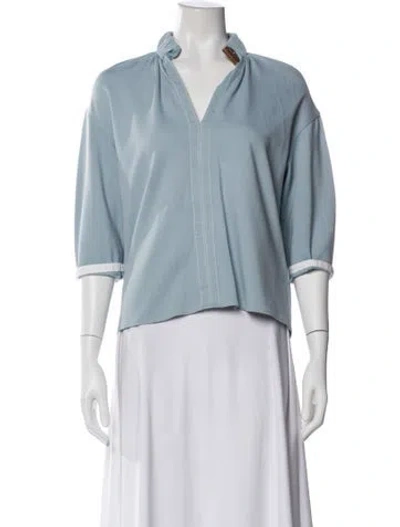 Pre-owned Tibi V-neck Three-quarter Sleeve Blouse In Blue
