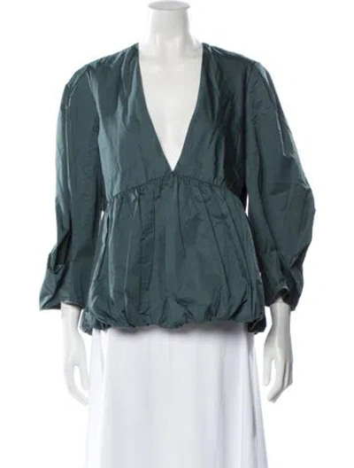 Pre-owned Tibi V-neck Three-quarter Sleeve Blouse In Green